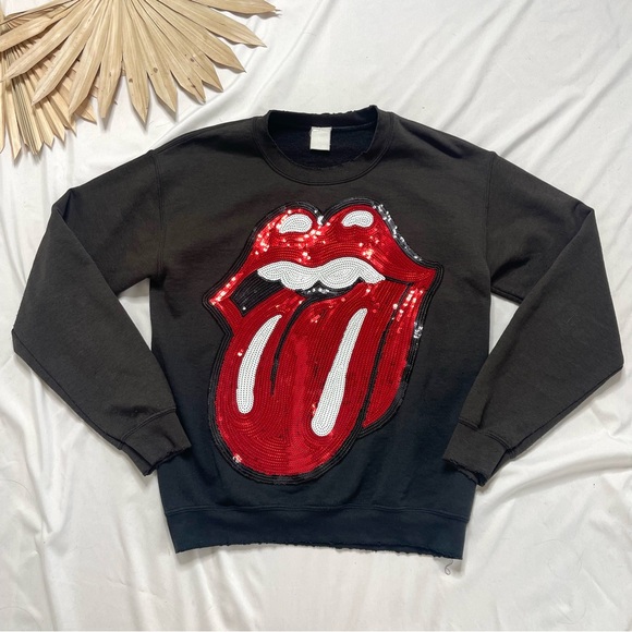 Madeworn Rolling Stones Sequins Distressed Tongue Pullover Crew Neck Sweatshirt - Picture 1 of 7